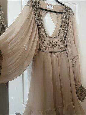 ASOS Curve Beige Embellished Long Sleeve V-Neck Dress